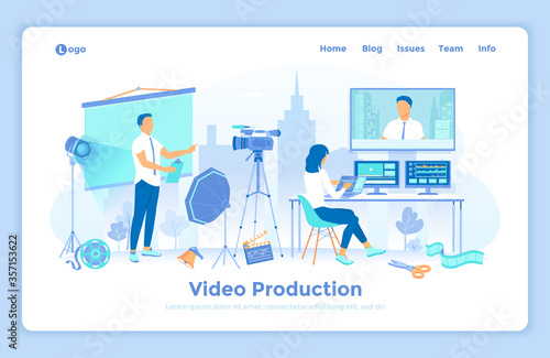 Video Production, Recording, Videography, Blogging. Video filming in the studio with presenter. Video editing on monitors. landing web page design template decorated with people characters.