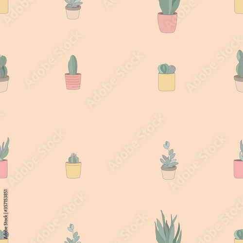 Vector seamless pattern of colorful succulents and cactus plants in a pottery garden. Illustration for design, greeting cards, gift paper, posters of indoor plants.