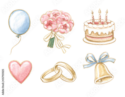 Wedding and holiday symbols: balloon, flowers, cake, heart, rings, bell. Set of elements for scrapbooking, stickers, design. Watercolor illustration.