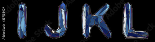 Realistic 3D set of letters I  J  K  L made of low poly style. Collection symbols of low poly style blue color glass isolated on black background 3d