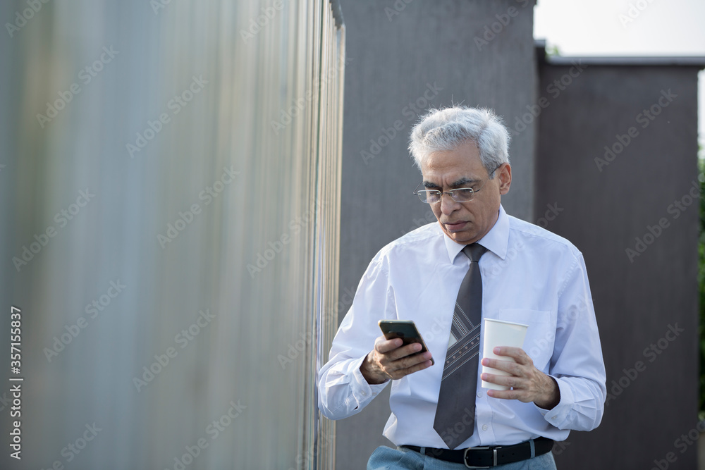 Senior businessman standing near iron fence and texting Senior businessman standing near iron fence and texting