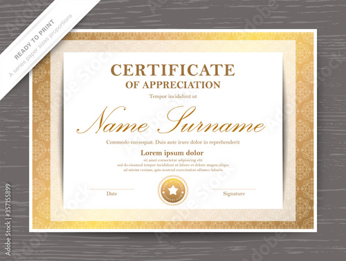 Gold Certificate of Appreciation award diploma template