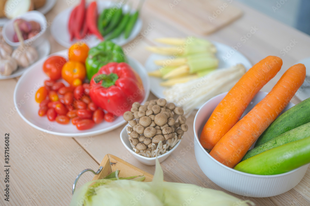 Fresh vegetable and fruit on wooden table in kitchen Fresh vegetable and fruit on wooden table in kitchen