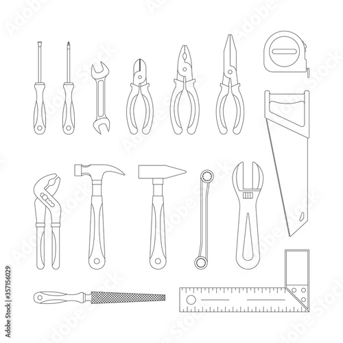 Repair tools outline icons set. Carpentry workshop equipment isolated thin line elements. Construction tools for carpentry and home renovation. Mechanic instruments for DIY store vector illustration.