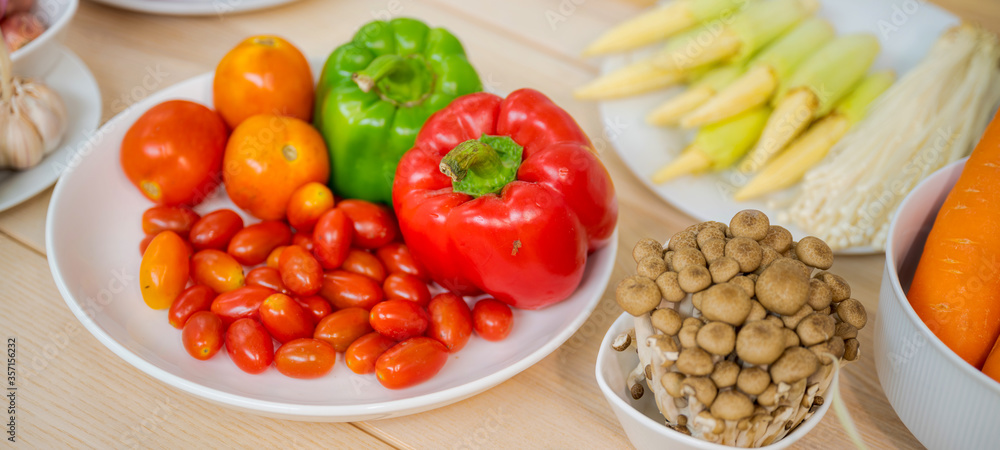 Fresh vegetable and fruit on wooden table in kitchen Fresh vegetable and fruit on wooden table in kitchen
