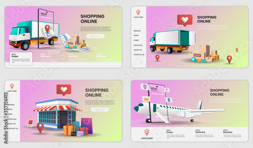 Shopping Online on Mobile Application with truck and plane Concept Digital vector.3d vector illustration.