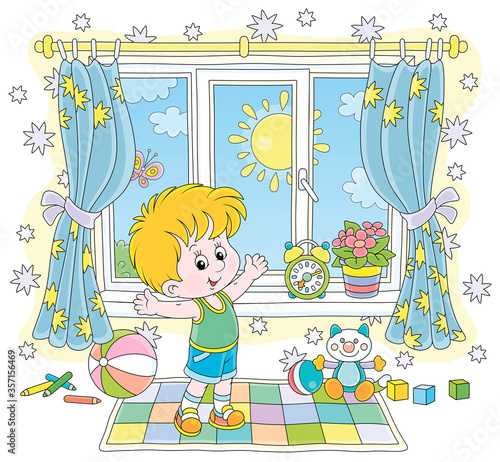Little boy doing gymnastic exercises on a color carpet in his nursery room with toys on a sunny morning, vector cartoon illustration on a white background
