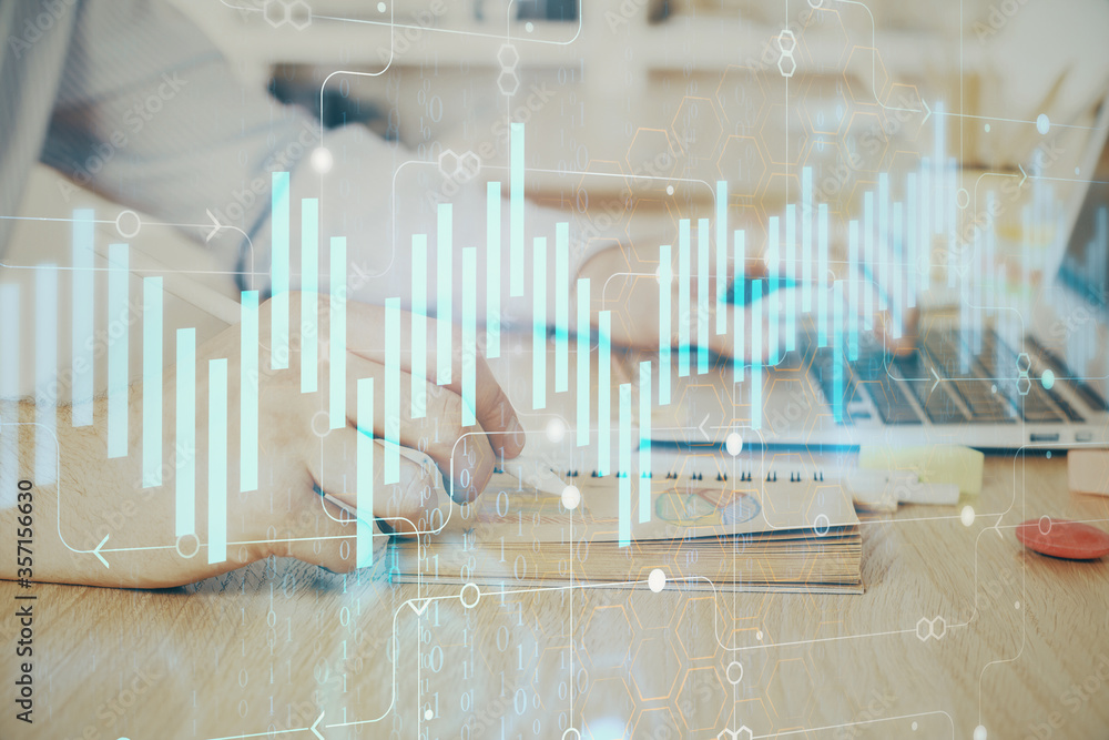 Multi exposure of financial graph with man works in office on background. Concept of analysis. Multi exposure of financial graph with man works in office on background. Concept of analysis.