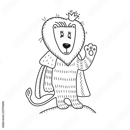 The little lion king in the crown and fur cape. Cute animal waving hand. Hand-drawn russian lubok. Fairystory doodle photo