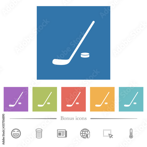 Hockey stick and puck flat white icons in square backgrounds