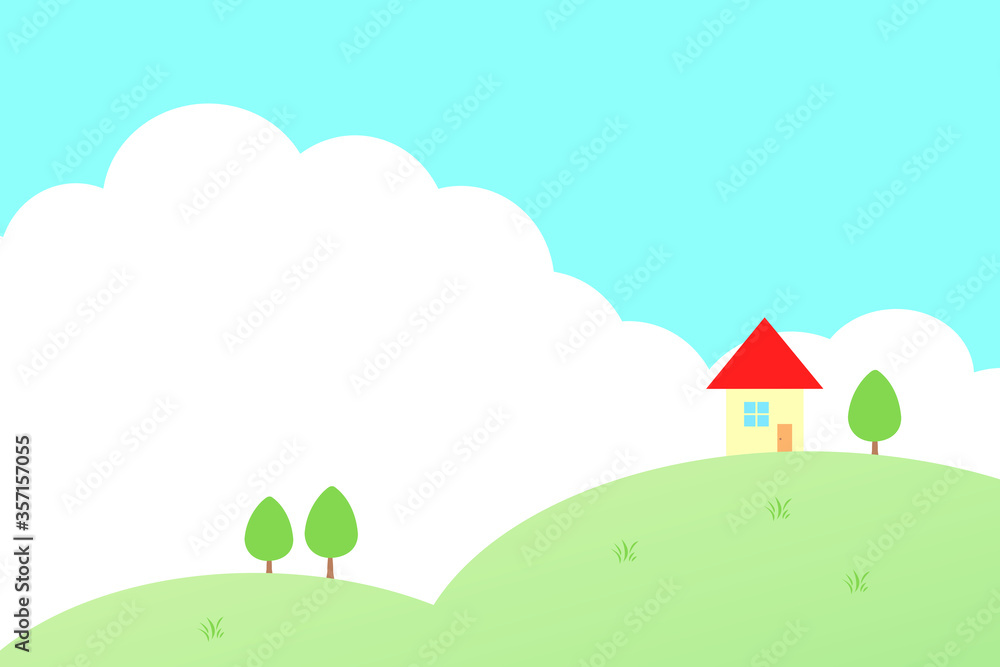 blue sky and house on the hill. 青い空と丘の上の一軒家 blue sky and house on the hill. 青い空と丘の上の一軒家