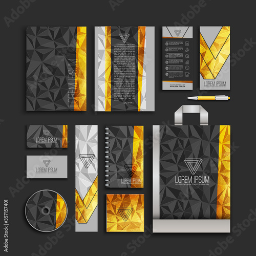 black and gold corporate identity template with low poly elements. identity design. vector illustration 