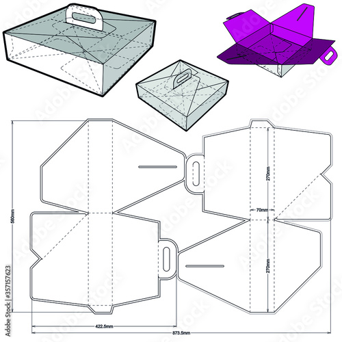 Cake Box with handle and Die-cut Pattern. The .eps file is full scale and fully functional. Prepared for real cardboard production.