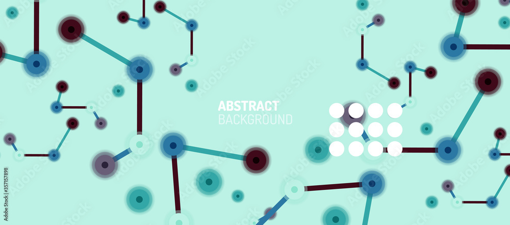 Flat style geometric abstract background, round dots or circle connections on color background. Technology network concept.