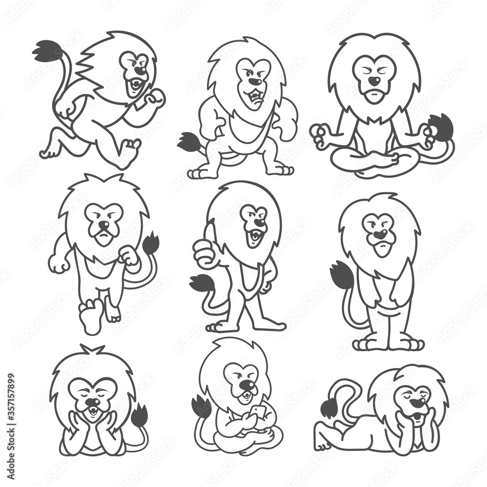set of lion line drawing vector