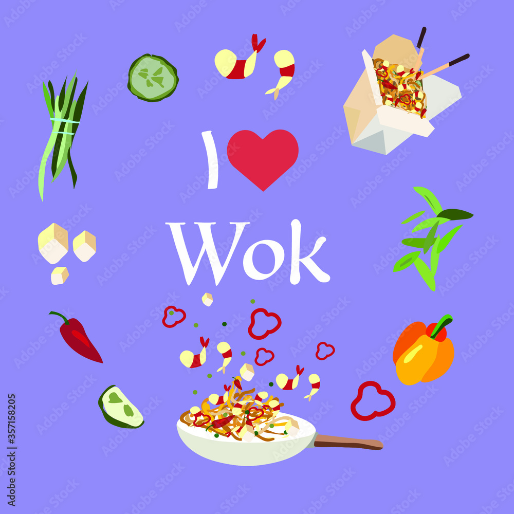 Hand drawn in a simple graphic style.I love wok. Purple background. Vector. Design for banner, card, placard, brochure