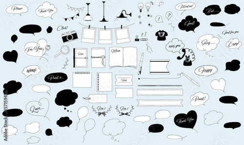 手描き風シンプルな線画の吹き出しと挿し絵のベクターイラストセット