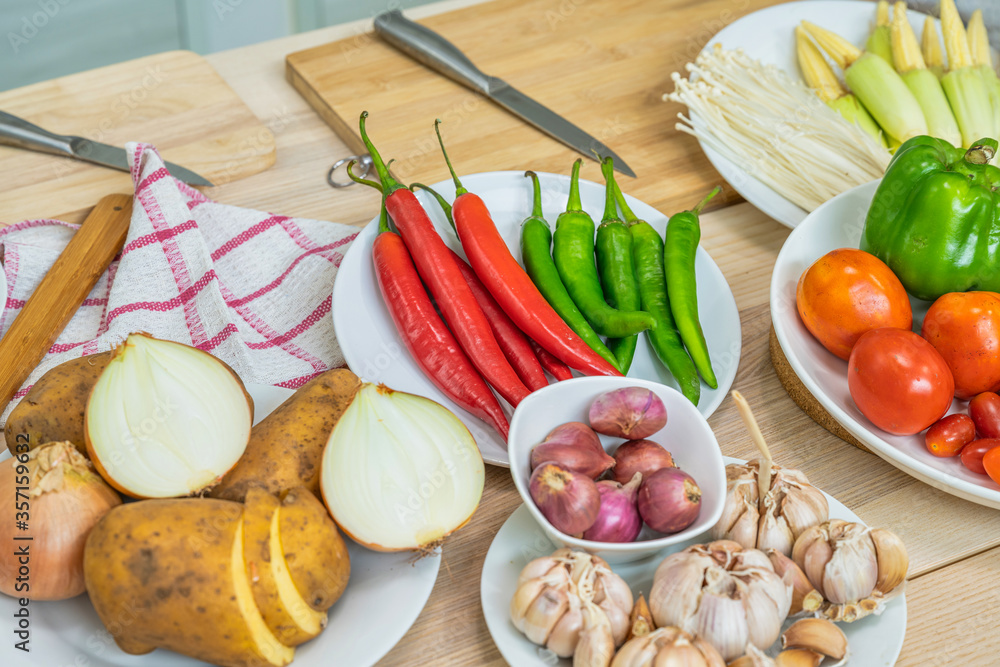 Fresh vegetable and fruit on wooden table in kitchen Fresh vegetable and fruit on wooden table in kitchen