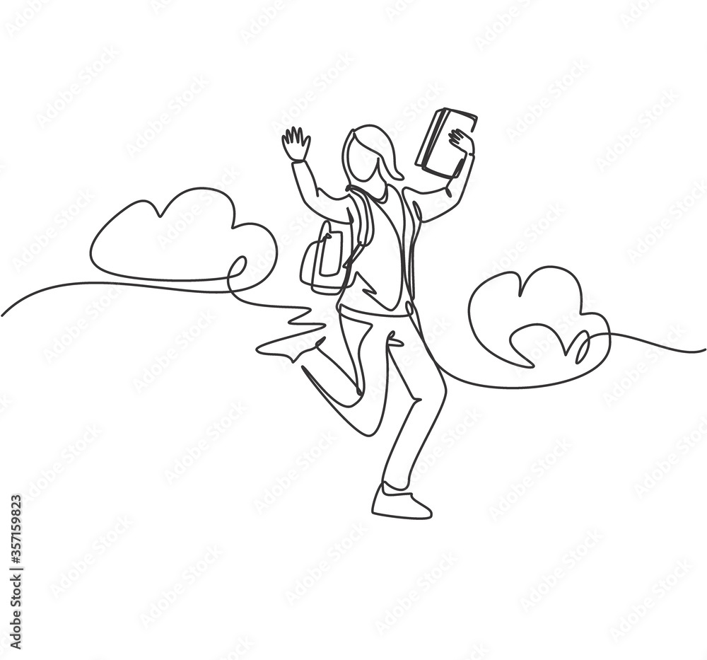 One line drawing group of young happy female college student jumping to celebrate her final exam result while hold books. Education concept continuous line draw graphic design vector illustration