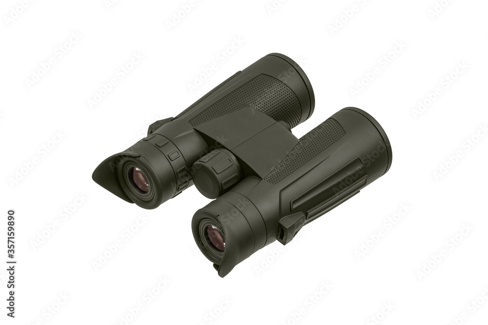 Modern binoculars isolate on white back. Surveillance device. Device for viewing at a distance.