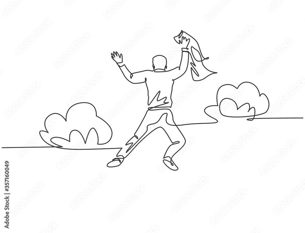 One line drawing of young happy and energetic business man stretch out his hands into the air and jumping over the cloud. Business celebration concept continuous line draw design vector illustration