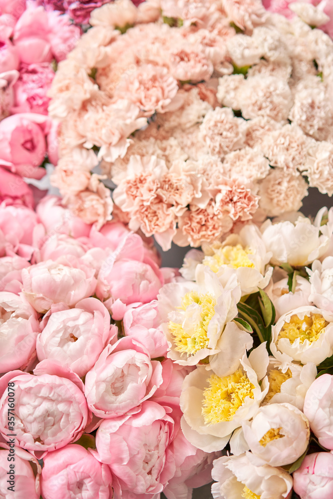 Floral carpet or Wallpaper. Background of mix of flowers. Beautiful flower for catalog or online store. Floral shop and delivery concept. Top view. Copy space Floral carpet or Wallpaper. Background of mix of flowers. Beautiful flower for catalog or online store. Floral shop and delivery concept. Top view. Copy space