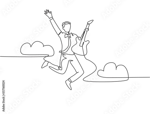 Single line drawing of young energetic guitarist jumping at stage and playing his electric guitar. Energetic musician artist performance concept. Continuous line draw design vector illustration