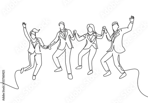 One line drawing of young happy business man and business woman jumping to celebrate their successive team business. Business deal concept continuous line draw graphic design vector illustration
