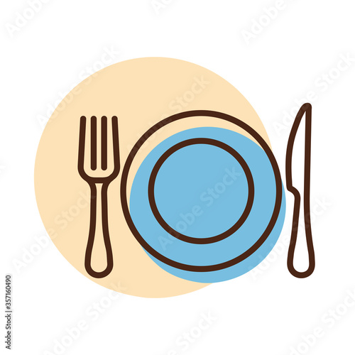 Dinner plate, knife and fork vector icon