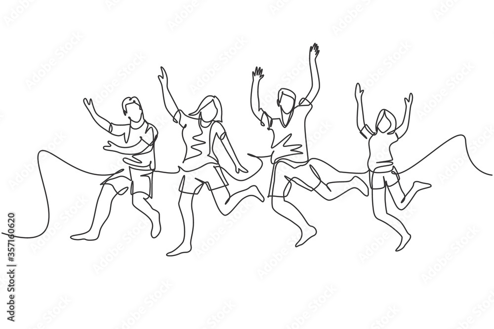 One line drawing of group of young happy male and female jumping together to celebrate their vacation. Traveling holiday concept. Continuous line draw vector illustration One line drawing of group of young happy male and female jumping together to celebrate their vacation. Traveling holiday concept. Continuous line draw vector illustration