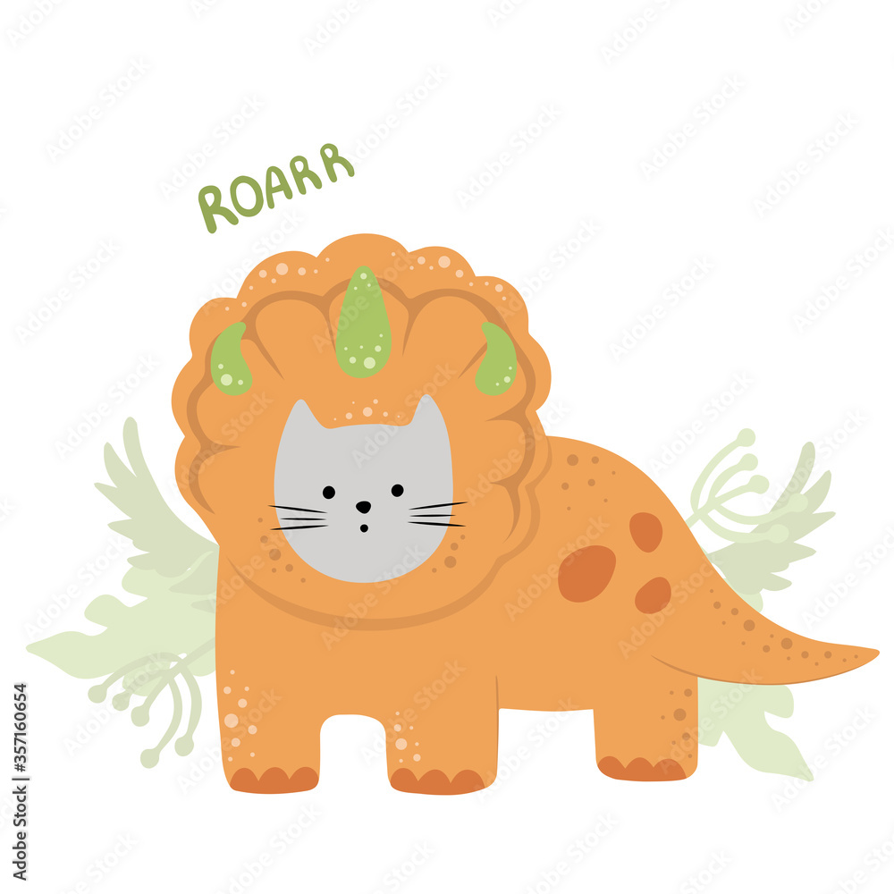 Cat cute in a dinosaur costume. Cartoon kitten. Vector childish illustration in bright colors orange and green. Hand drawn style. Roarr Cat cute in a dinosaur costume. Cartoon kitten. Vector childish illustration in bright colors orange and green. Hand drawn style. Roarr