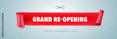 Grand opening or re opening vector illustration with wavy ribbon