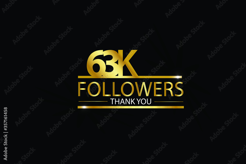 63K,63.000 Followers celebration logotype. anniversary logo with golden and Spark light white color isolated on black background, vector design for celebration, Instagram, Twitter - Vector