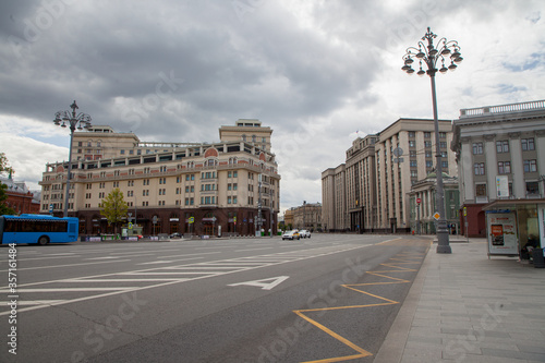 Pedestrian street without people in the center of Moscow. Quarantine in Moscow Сovid-19. 