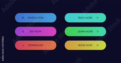 Set of modern oval buttons with colorful gradient and signs, designed for website, application, shop etc. Trendy layout for business or internet. Eps 10 vector