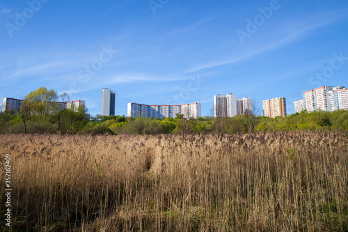 Dry grass, climbing a hill and apartment buildings, blue sky without clouds
