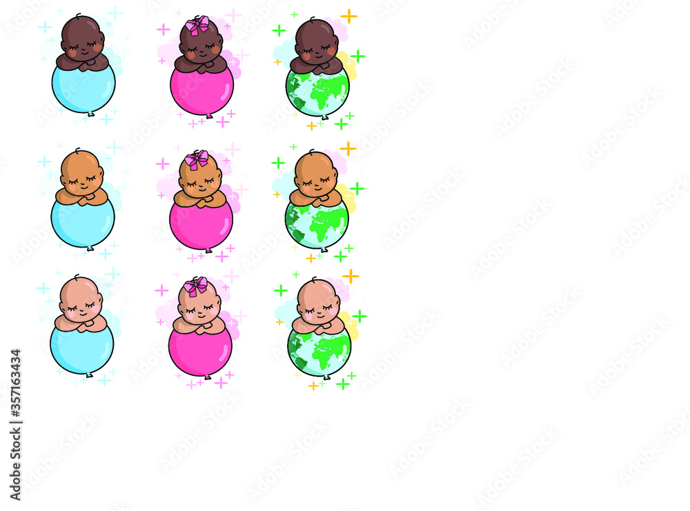hot air balloon babies. different races of children. everyone is equal. equality and equality. girls and boys on pink and blue balls