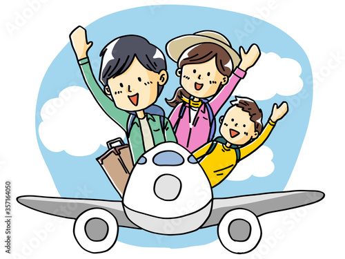 飛行機で旅行でかける家族の手描きイラスト