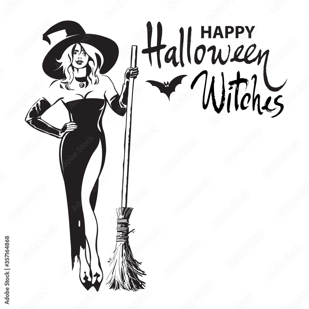 Obraz Happy halloween witches hand drawn calligraphy, beautiful sexy witch holding broomstick surrounded by bats