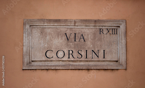 View of street sign (Via Corsini) in Rome.