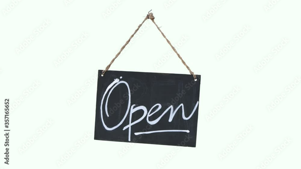 Isolated Swinging And Looping Rustic Hanging Blackboard Open Sign On A White Background Isolated Swinging And Looping Rustic Hanging Blackboard Open Sign On A White Background