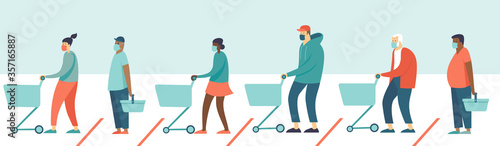 Queue in supermarket store. People with grocery carts  wearing protective medical masks keeping safe distance. Quarantine coronavirus COVID-19 2019-nCoV epidemic precautions.