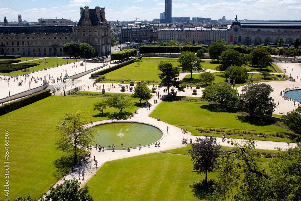 Aerial view of Jardin Des Tuileries and Paris cityscape. Expansive