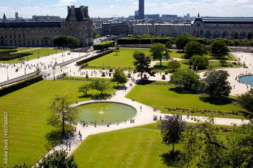 Aerial view of Jardin Des Tuileries and Paris cityscape. Expansive, 17th-century formal garden dotted with statues, including 18 bronzes by Maillol. photo