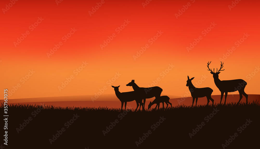 herd of wild deer and baby fawn grazing at sunset meadow with dramatic orange sunset sky - wildlife vector scene background