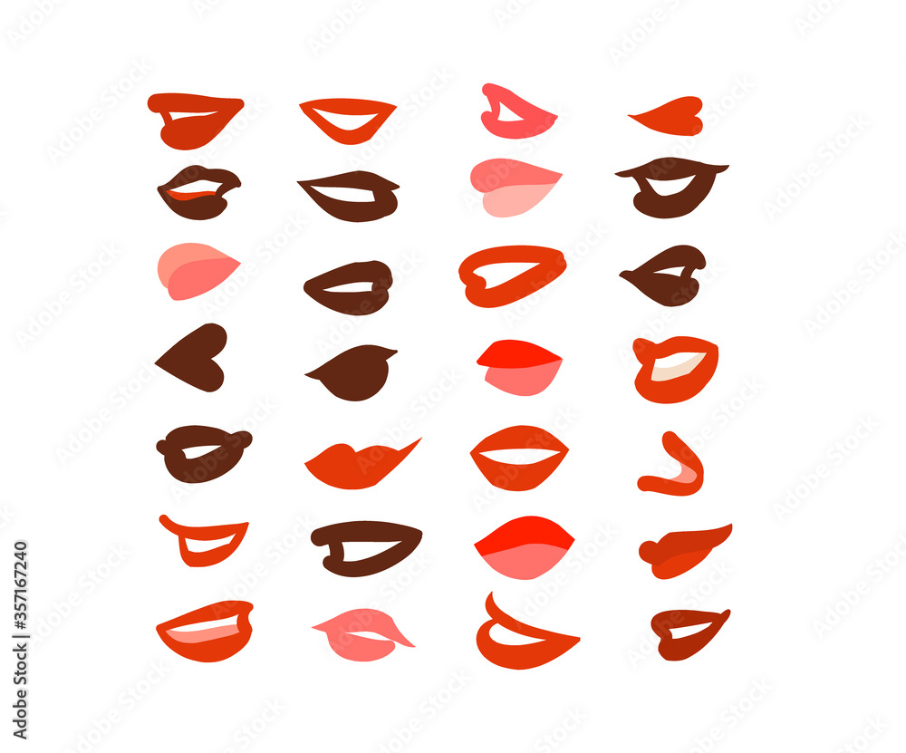 Hand drawn vector abstract stock flat graphic illustration with multiethnic beauty females lips collection bundle set isolated on white background Hand drawn vector abstract stock flat graphic illustration with multiethnic beauty females lips collection bundle set isolated on white background