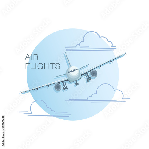 Airplane model. Emblem, logo. Vector flat illustration of an airplane, view of an airplane flying in the clouds 