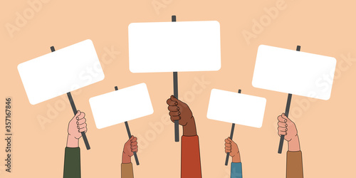 Hands holding plate, blank posters in hands, the banner is long, banners, boards, banners, demonstration, space for text, multinational, race, postcard, vote