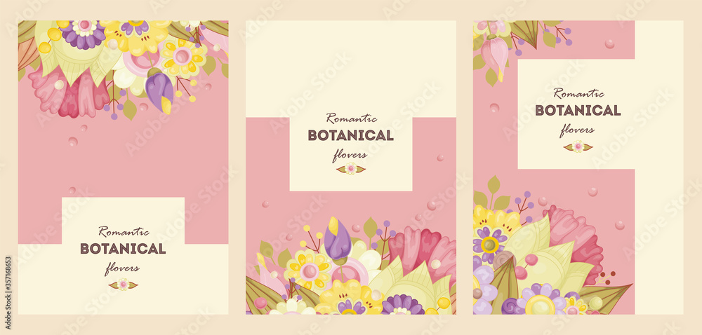 Delicate pastel flowers pink, yellow, purple. Templates can be used as floral frames for invitations, cards, stickers, discount cards, sales, for printing on paper and fabric.