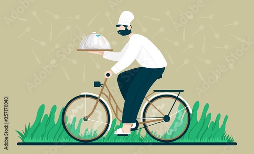 Chef with a tray rides a bicycle to deliver takes out food and drink in home.